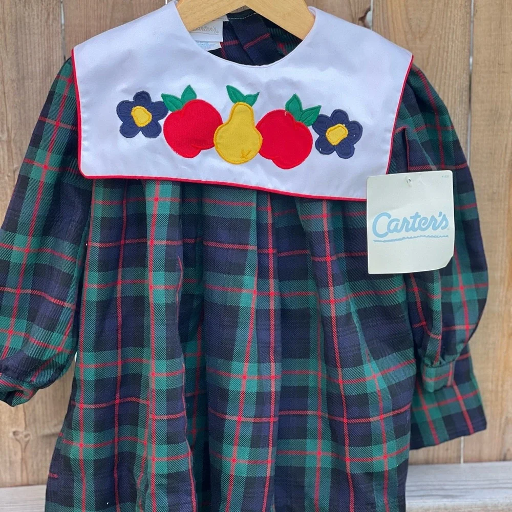 Carters Vintage Plaid Appliqué Bib Dress NWT